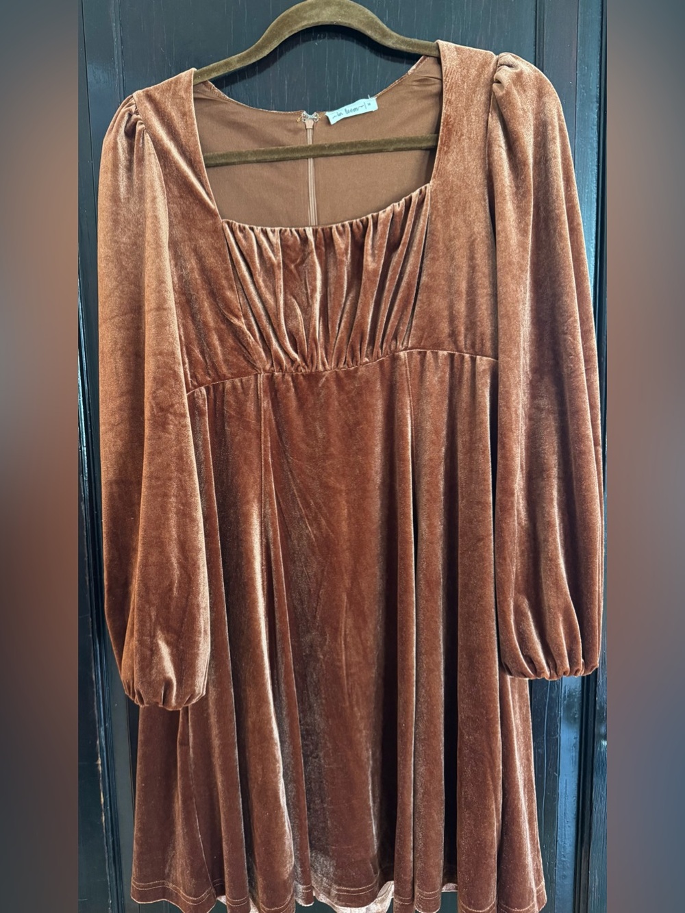 Camel Velvet Ruched Top Dress Bump Friendly